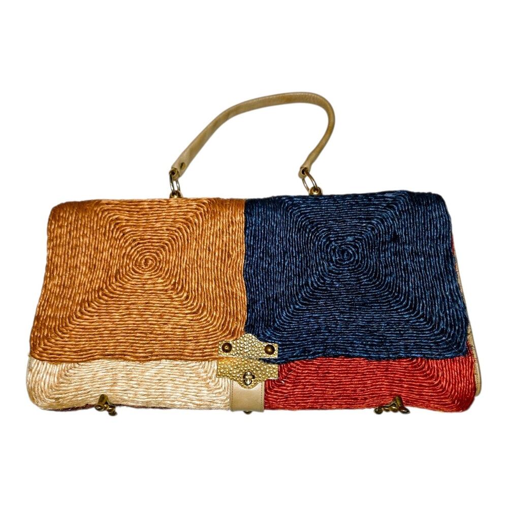 Rare Vintage Continental Handbag Womens Multi Colorblock Raffia Purse with Key